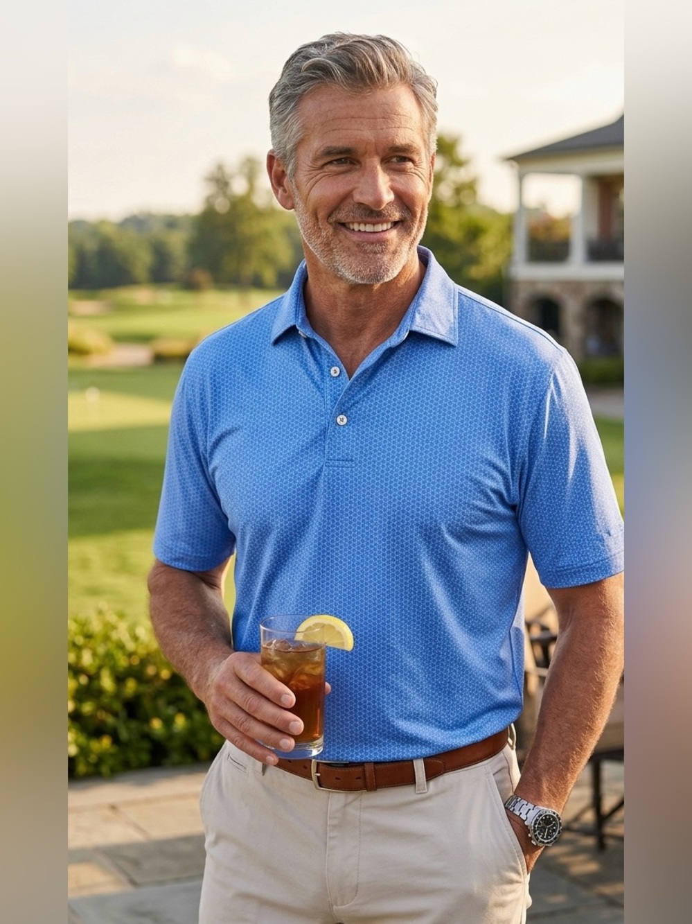 Peter Millar Summer Comfort Polo Shirt Men's Large L Blue Geometric Pattern Golf